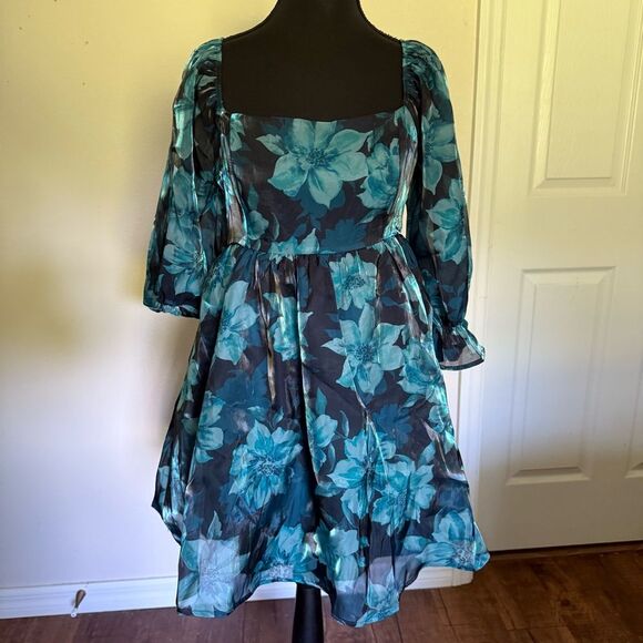 Thirty Thirty Blue Floral Babydoll Sheer Dress 3/4 Sleeve M - Picture 2 of 7